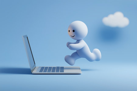 A happy cartoon character runs out of a laptop screen. This concept symbolizes high-speed internet, fast digital services, and efficient online business.の素材