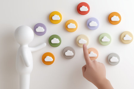 A figure points to one of many colorful circular icons with cloud symbols, as another hand makes a selection. A concept for choosing a cloud service.の素材