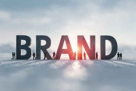 The word BRAND stands tall with a team of people around it, symbolizing the collaborative effort in building a successful business identity and reputation.の素材