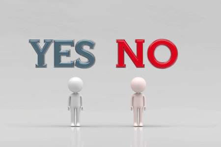 Two figures stand under large 3D text of YES and NO, representing the concept of choice, decision-making, and strategic direction in a corporate setting.の素材