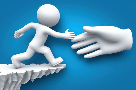 A large helping hand reaches out to a character running on the edge of a cliff, symbolizing business support, mentorship, and overcoming challenges.の素材