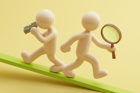 Two figures, one with binoculars and one with a magnifying glass, run on a green path. A concept for business research, market analysis, and exploration.の素材