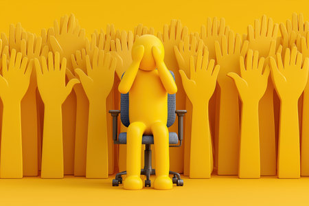 A yellow figure sits in a chair covering its face, surrounded by many raised hands. A concept for social anxiety, shyness, or fear of public speaking.の素材