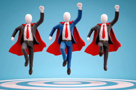 A business leader in a blue suit and superhero cape stands out from the team, symbolizing leadership, individuality, and achieving corporate goals.の素材