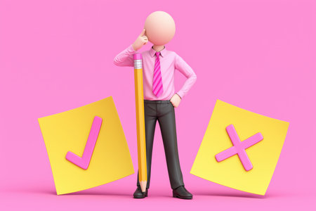 A businessman with a large pencil thinks about the choice between a checkmark and a cross, symbolizing the process of making a strategic business decision.の素材