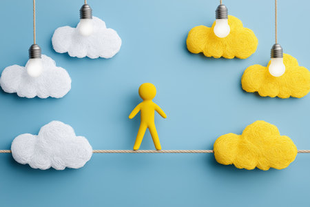 A yellow character walks a tightrope between two sets of clouds with glowing lightbulbs, symbolizing innovation, creativity, and finding solutions.の素材