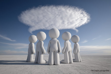 A group of figures sharing a single thought cloud, representing collective consciousness, teamwork, and unified business strategy or creative concepts.の素材
