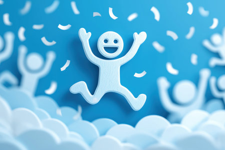 A joyful character icon jumps in the air with confetti, surrounded by a cheering crowd, symbolizing a shared business success and team celebration.の素材