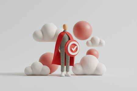 A superhero figure in a red cape holds a shield with a checkmark, symbolizing business security, data protection, quality control, and certified reliability.の素材