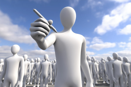 A leading figure stands before a crowd and holds out a pen, symbolizing leadership, making a deal, signing a contract, or a call to action.の素材