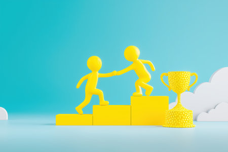 One character helps another up a series of steps towards a trophy, symbolizing mentorship, guidance, support, and teamwork for business success.の素材