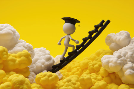 A character in a graduation cap climbs a ladder into the clouds, symbolizing the journey of education, learning, and career advancement.の素材