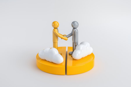 Two figures, one yellow and one gray, shake hands while standing on a pie chart, symbolizing a business merger, partnership, or market share agreement.の素材