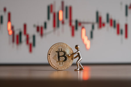 A tiny 3D human character struggles to push a golden bitcoin against the backdrop of a falling red stock market chart, a business conception of crypto value.の素材