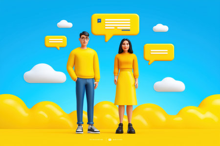 A modern 3D man and woman stand with yellow speech bubbles above them, a business concept for social media, corporate communication, and customer feedback.の素材