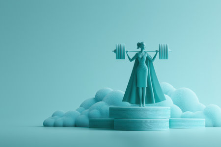 A powerful 3D businesswoman in a cape effortlessly lifts a heavy barbell, a business conception for female leadership, strength, and empowerment in business.の素材
