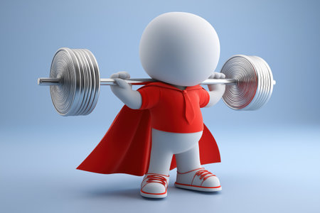 A cute but strong 3D superhero character in a red cape and sneakers lifts a very heavy barbell, symbolizing overcoming great business challenges with power.の素材