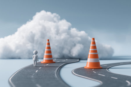 A lone 3D person stands at a fork in a winding road with traffic cones, a business conception for making a strategic decision or choosing a career path.の素材