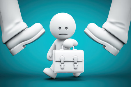 A sad 3D person with a briefcase is being squeezed between two large boots, a business conception for workplace pressure, stress, and feeling trapped.の素材