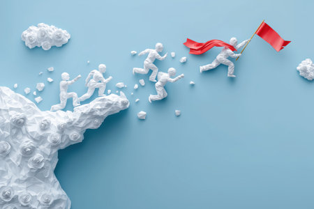 A papercraft 3D human character with a red flag and cape leads other people away from a crumbling cliff, a conception for leadership through crisis.の素材