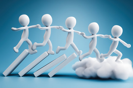 A line of 3D human characters runs in tandem, supported by a domino effect, leading to a successful outcome on a cloud, symbolizing trust and momentum.の素材
