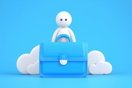 A minimalist 3D person stands behind a large blue briefcase against a blue background with clouds, a business concept for corporate work, jobs, and careers.の素材