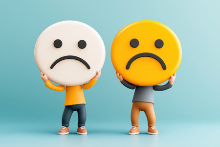 Two 3D people hold large, sad face emojis, a business concept for negative customer feedback, dissatisfaction, or team morale problems.の素材