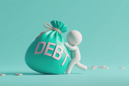 A 3D person struggles to push a large, heavy sack with the word DEBT written on it, a business conception for financial problems, loans, and burdens.の素材