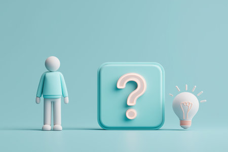A minimalist 3D person stands between a large question mark icon and a glowing lightbulb, a business conception for problem-solving and finding solutions.の素材