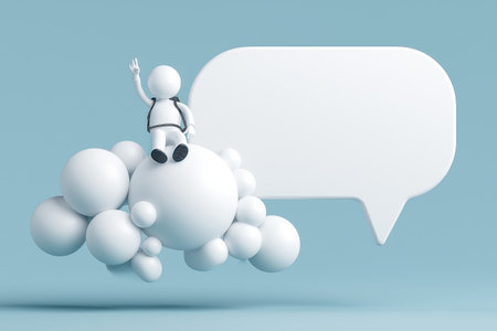 A 3D human character with a backpack sits on spheres and waves next to a large blank speech bubble, a concept for business communication or feedback.の素材