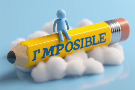 A 3D person sits on a giant pencil that has erased part of the word 'impossible' to make it 'possible', a business conception for motivation and positivity.の素材