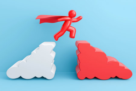 A red 3D superhero character bravely jumps over a gap between two platforms, a dynamic business concept for overcoming challenges and taking risks.の素材