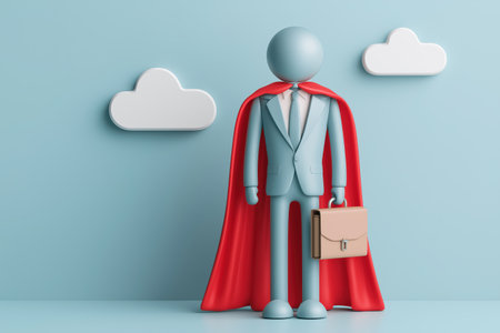 A 3D business person in a suit and tie also wears a red superhero cape and holds a briefcase, symbolizing leadership, power, and business excellence.の素材