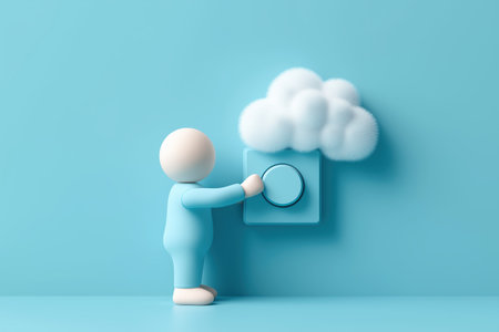 A 3D human character pushes a large button on a wall that is connected to a soft cloud, a business conception for cloud computing or initiating ideas.の素材
