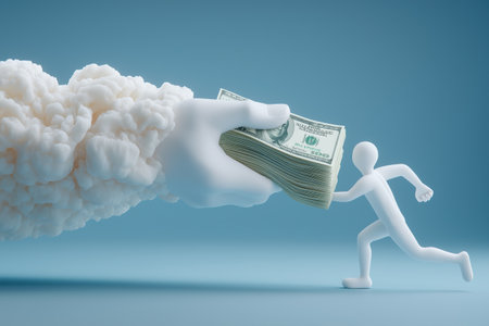 A 3D person runs away from a large hand emerging from a cloud that is offering a stack of dollar bills, a business conception for debt or bad deals.の素材