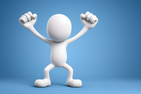 A happy 3D person stands in a power pose with both arms raised in celebration, a simple and powerful business conception for victory, success, and achievement.の素材