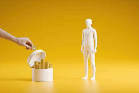 A hand puts a bitcoin coin into a box full of gold coins, presented to a standing figure, symbolizing investment in human resources, talent, and skills.の素材