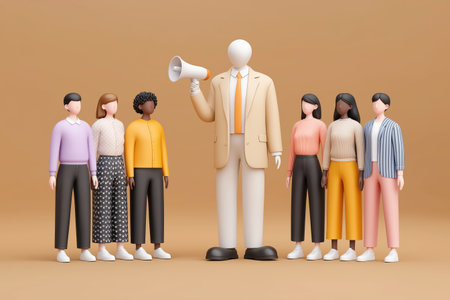 A large, faceless leader in a suit holds a megaphone while speaking to a diverse group of employees, representing corporate communication and leadership.の素材