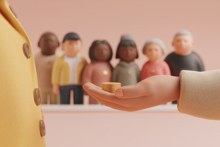 A close-up of a hand offering a stack of gold coins to a diverse group of people in the background, symbolizing charity, donations, and social support.の素材