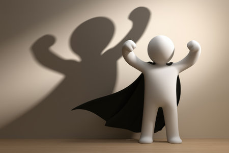 A simple 3D character in a black cape stands with arms raised, casting a large, muscular superhero shadow on the wall, representing potential and inner strength.の素材