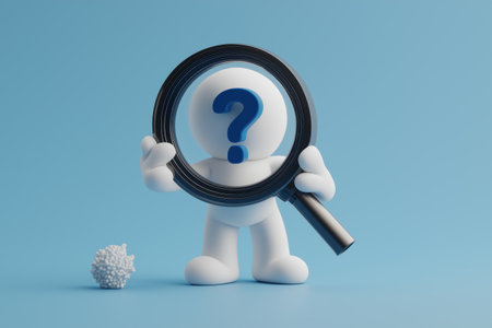 A 3D character holds a magnifying glass over a blue question mark, symbolizing research, analysis, and investigation into an unknown problem or question.の素材
