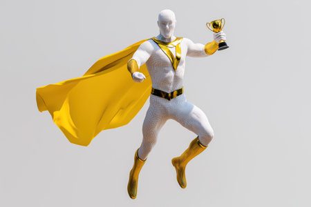 A powerful superhero in a stylish white and gold costume with a flowing yellow cape flies through the air, holding a golden trophy to celebrate his victory.の素材
