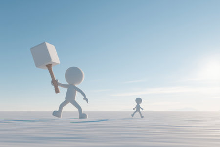 A conceptual illustration of unfair business competition or a power struggle. A large character with a giant hammer chases a much smaller, defenseless one.の素材