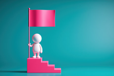 A cute 3D character achieves a goal, standing on the top of a small flight of pink stairs and holding a matching pink flag to mark the milestone.の素材