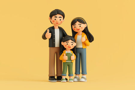 A concept of a family-owned business, customer satisfaction, or work-life balance. A happy cartoon family of three gives a thumbs-up gesture together.の素材