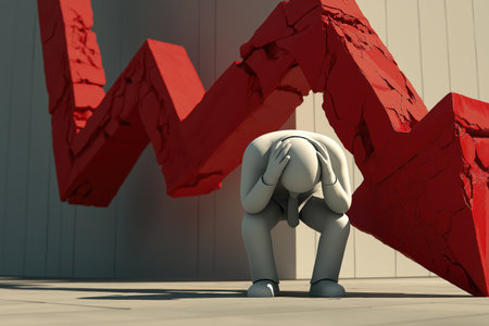 A desperate businessman holds his head in despair in front of a large, cracked red arrow pointing down, symbolizing a stock market crash or financial failure.の素材