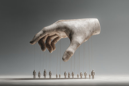 A powerful business concept about control and a lack of autonomy. A massive, stone-like hand manipulates a line of small puppet people on strings.の素材