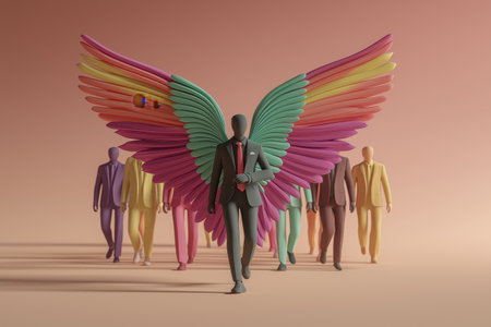 A business concept of leadership, innovation, and individuality. A businessman with large, colorful wings confidently leads a group of monochrome people.の素材