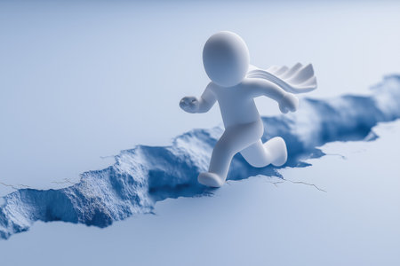 A superhero character with a cape runs along the edge of a deep chasm, symbolizing brave leadership, navigating a crisis, and overcoming business risks.の素材