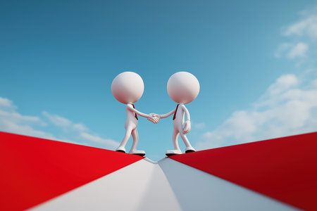 A concept of a business merger, partnership, or successful agreement. Two characters in ties shake hands at the point where two paths merge into one.の素材